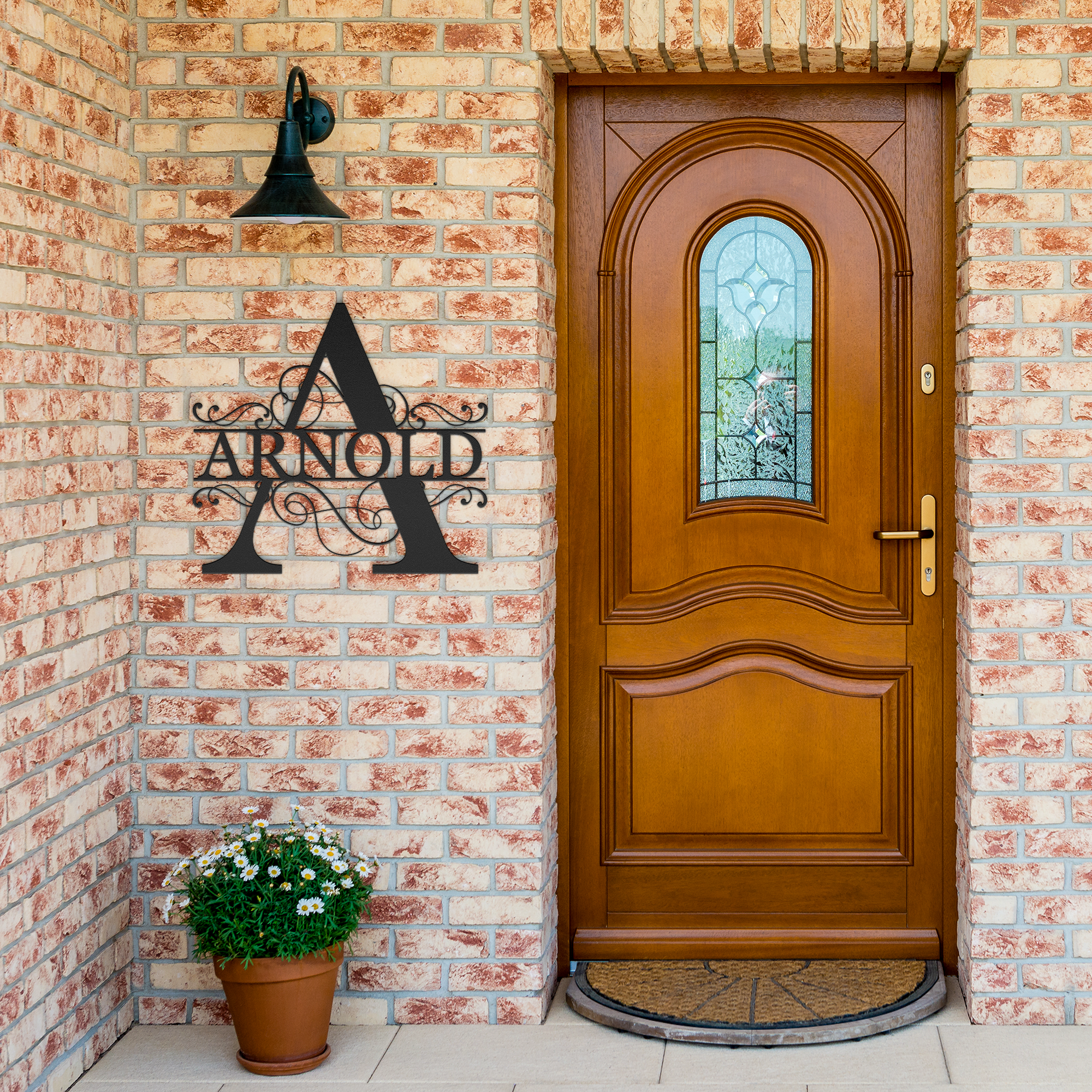 Custom_Last_Name_Metal_Sign_Mono_8_Black_Brick_Entrance_Mockup.png